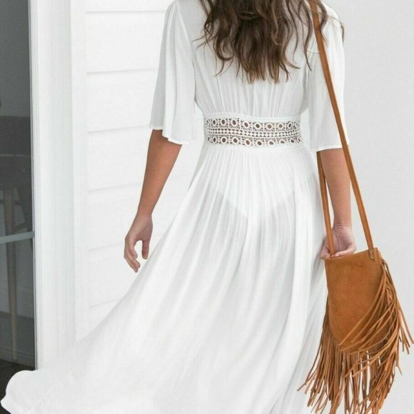 bohowhite crochet/lace detailed tie front kimono coverup - Picture 7 of 14